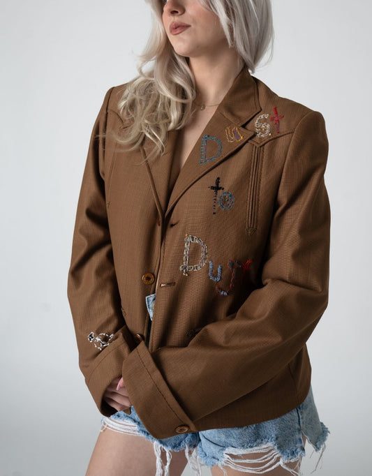 1980's Embroidered Brown Suit Jacket - Gypsy Cadillac